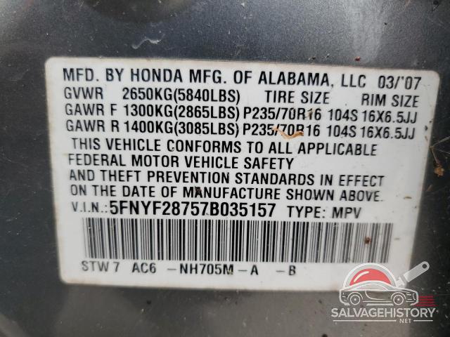 5FNYF28757B035157 2007 HONDA PILOT photo no. 13