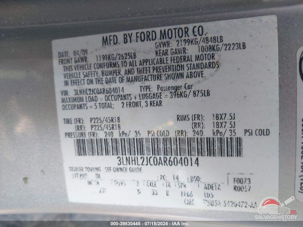 3LNHL2JC0AR604014 2010 LINCOLN MKZ photo no. 9