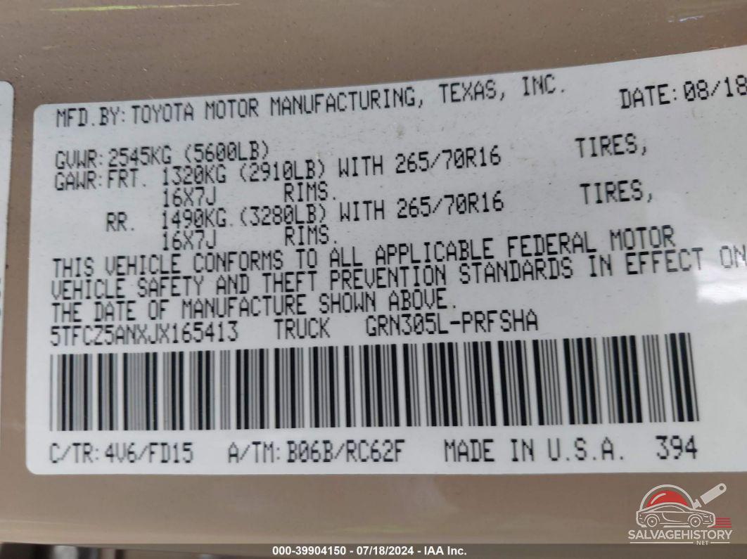 5TFCZ5ANXJX165413 2018 TOYOTA TACOMA photo no. 9