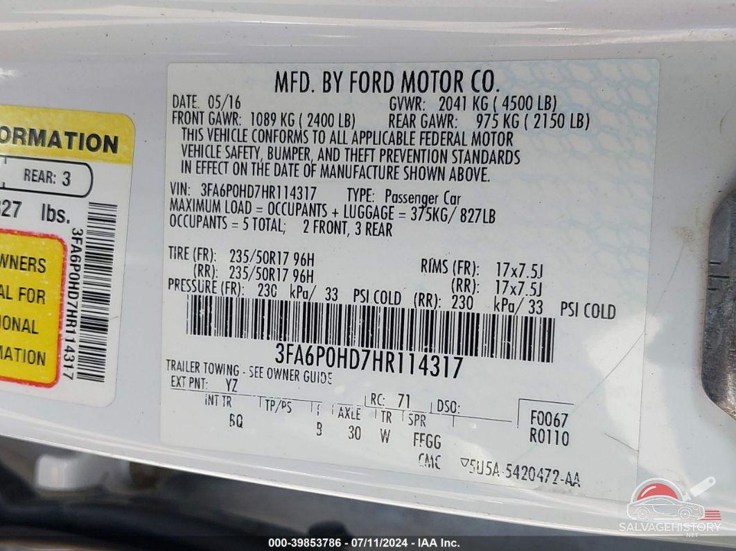 3FA6P0HD7HR114317 2017 FORD FUSION photo no. 9