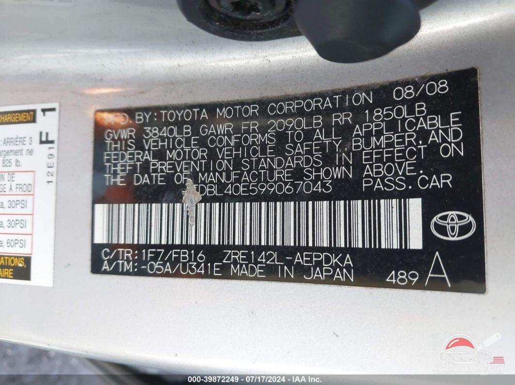 JTDBL40E599067043 2009 TOYOTA COROLLA photo no. 9