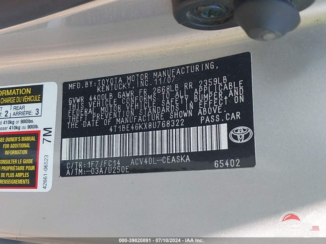 4T1BE46KX8U768322 2008 TOYOTA CAMRY photo no. 9