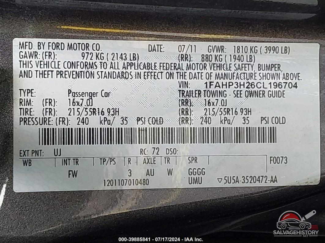 1FAHP3H26CL196704 2012 FORD FOCUS photo no. 9