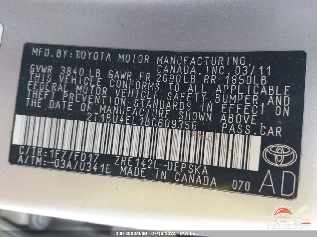 2T1BU4EE1BC609356 2011 TOYOTA COROLLA photo no. 9