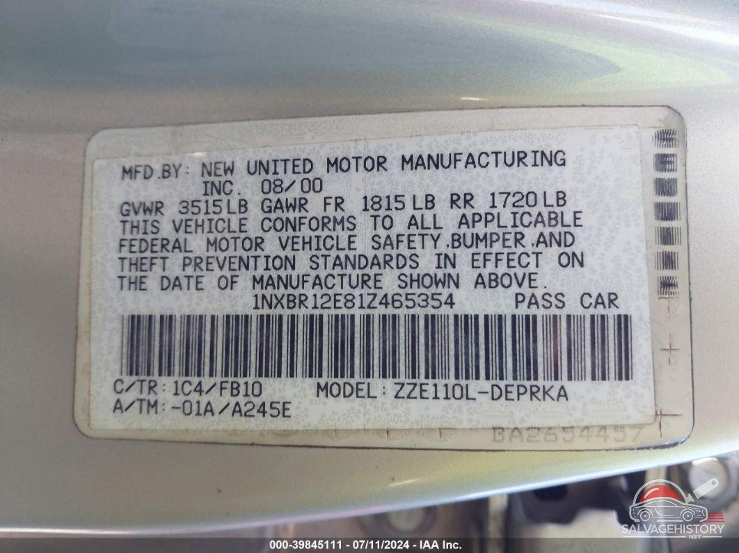 1NXBR12E81Z465354 2001 TOYOTA COROLLA photo no. 9