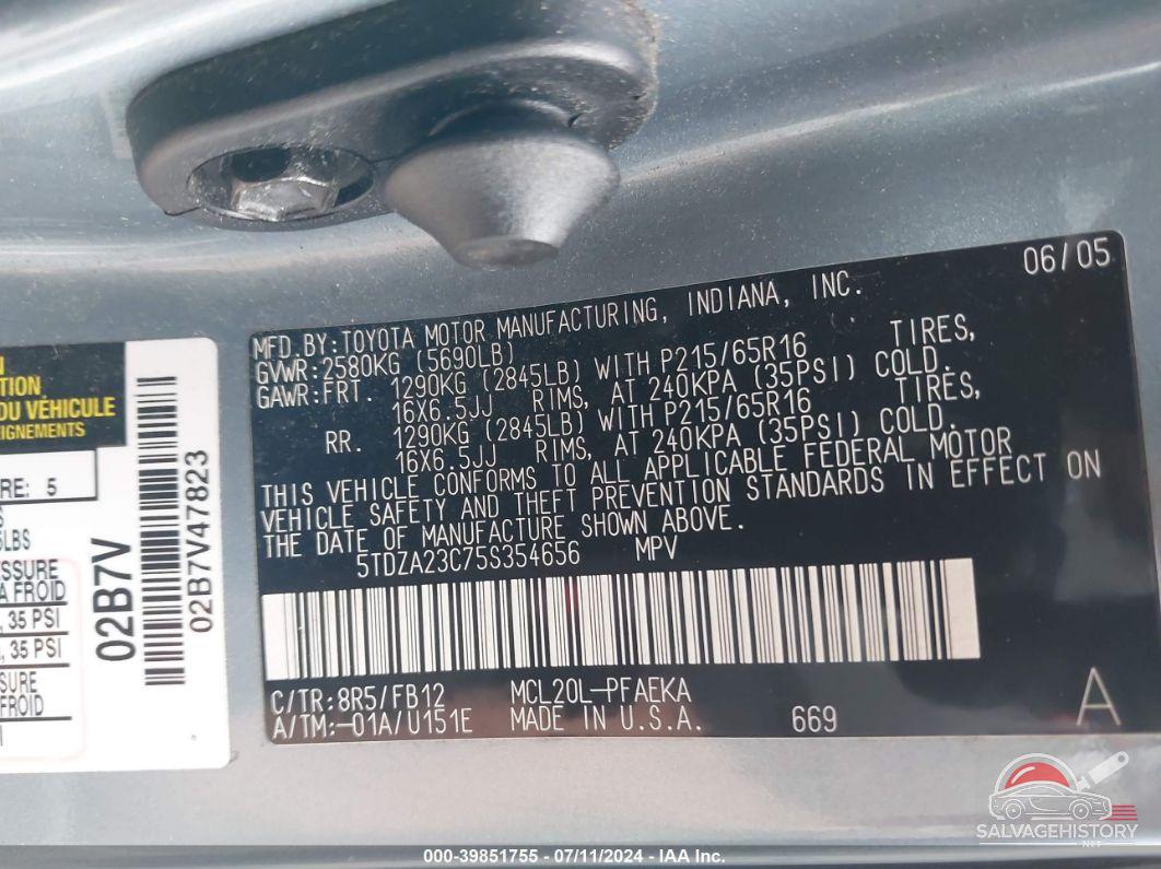 5TDZA23C75S354656 2005 TOYOTA SIENNA photo no. 9
