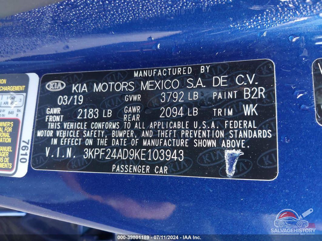 3KPF24AD9KE103943 2019 KIA FORTE photo no. 9