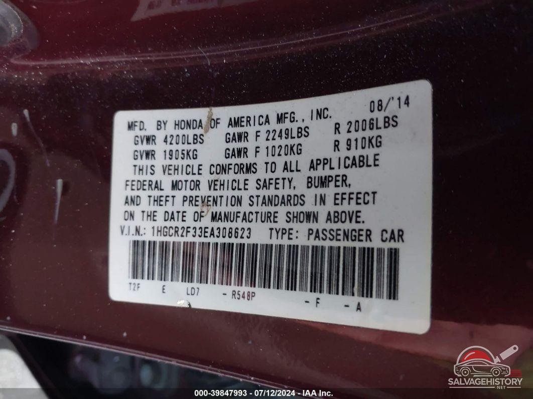 1HGCR2F33EA308623 2014 HONDA ACCORD photo no. 9