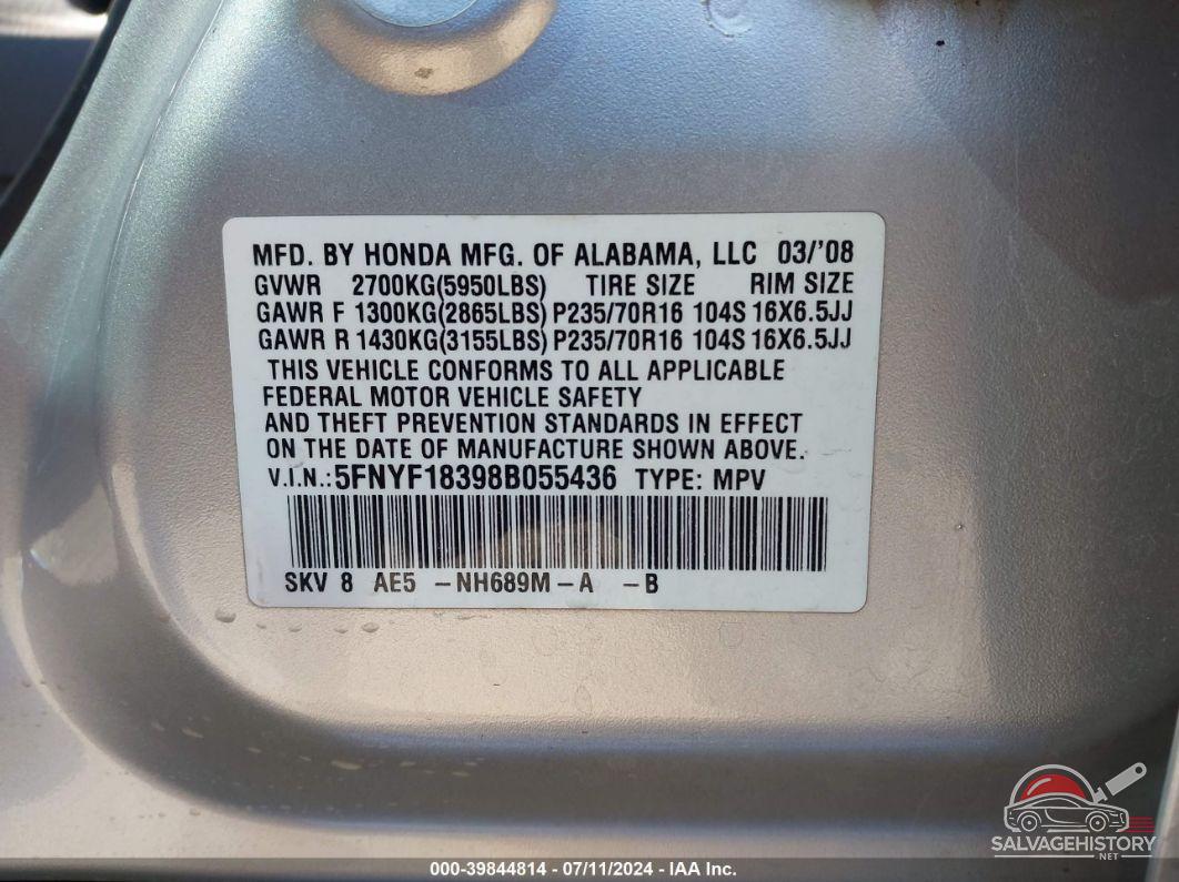 5FNYF18398B055436 2008 HONDA PILOT photo no. 9