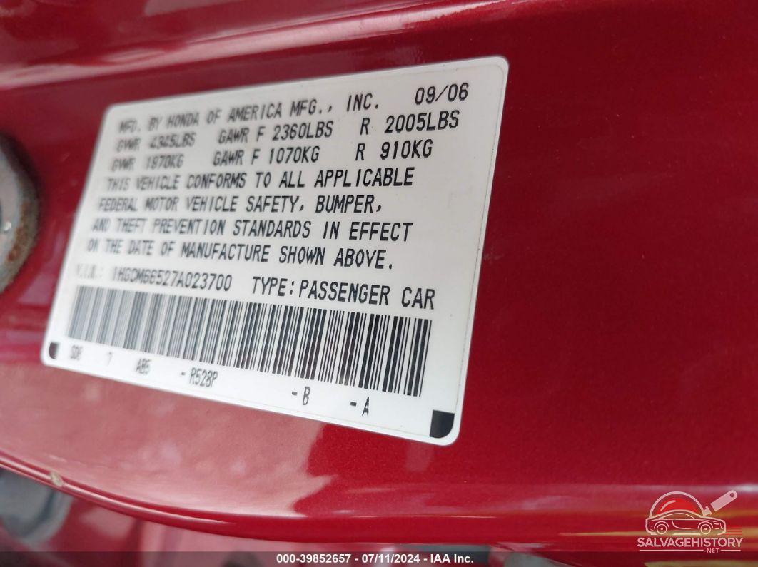 1HGCM66527A023700 2007 HONDA ACCORD photo no. 9