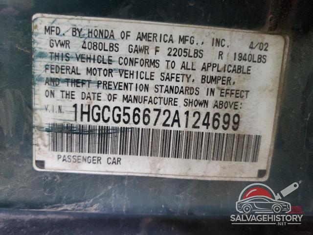 1HGCG56672A124699 2002 HONDA ACCORD photo no. 12