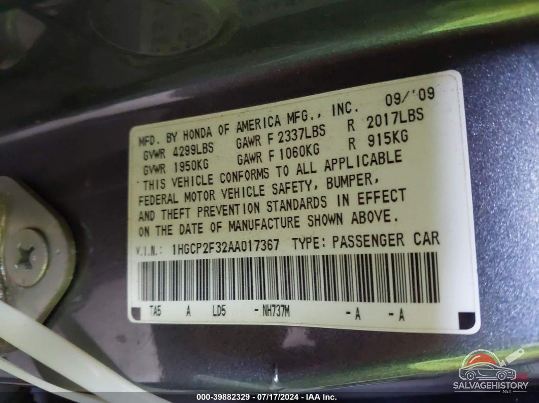 1HGCP2F32AA017367 2010 HONDA ACCORD photo no. 9
