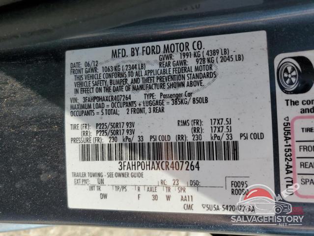 3FAHP0HAXCR407264 2012 FORD FUSION photo no. 12