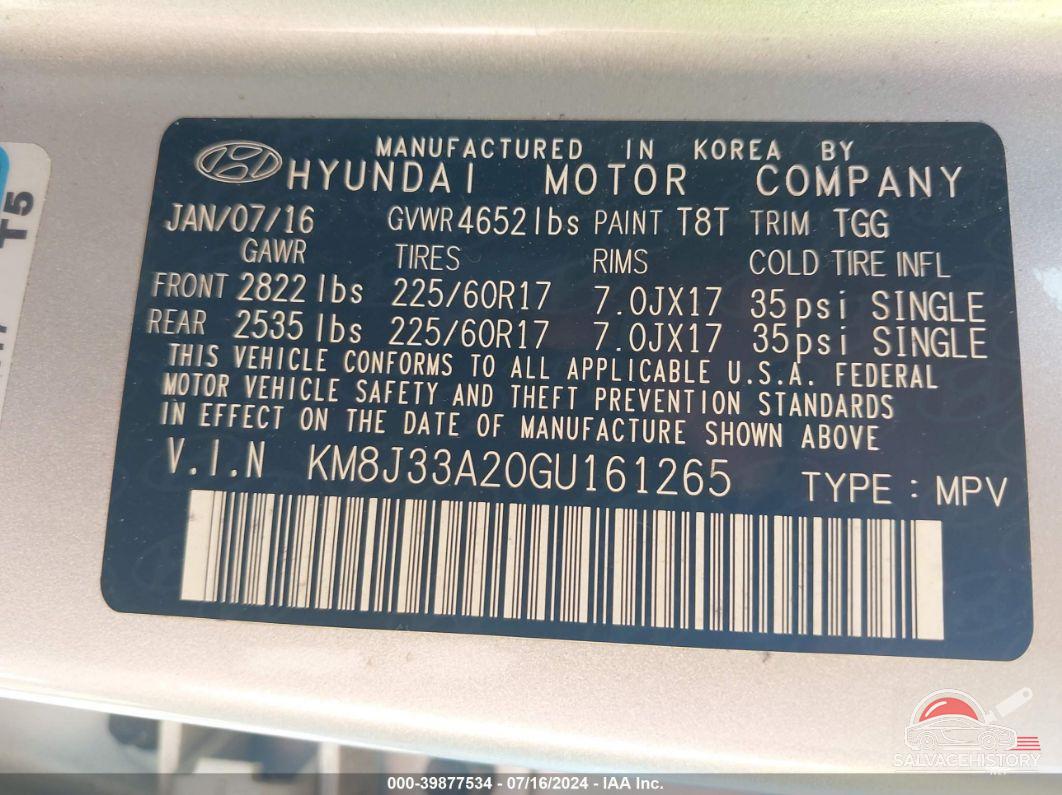 KM8J33A20GU161265 2016 HYUNDAI TUCSON photo no. 9