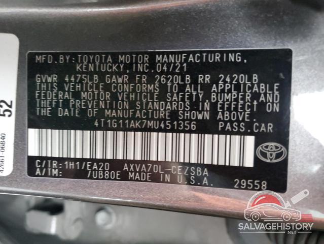 4T1G11AK7MU451356 2021 TOYOTA CAMRY photo no. 12