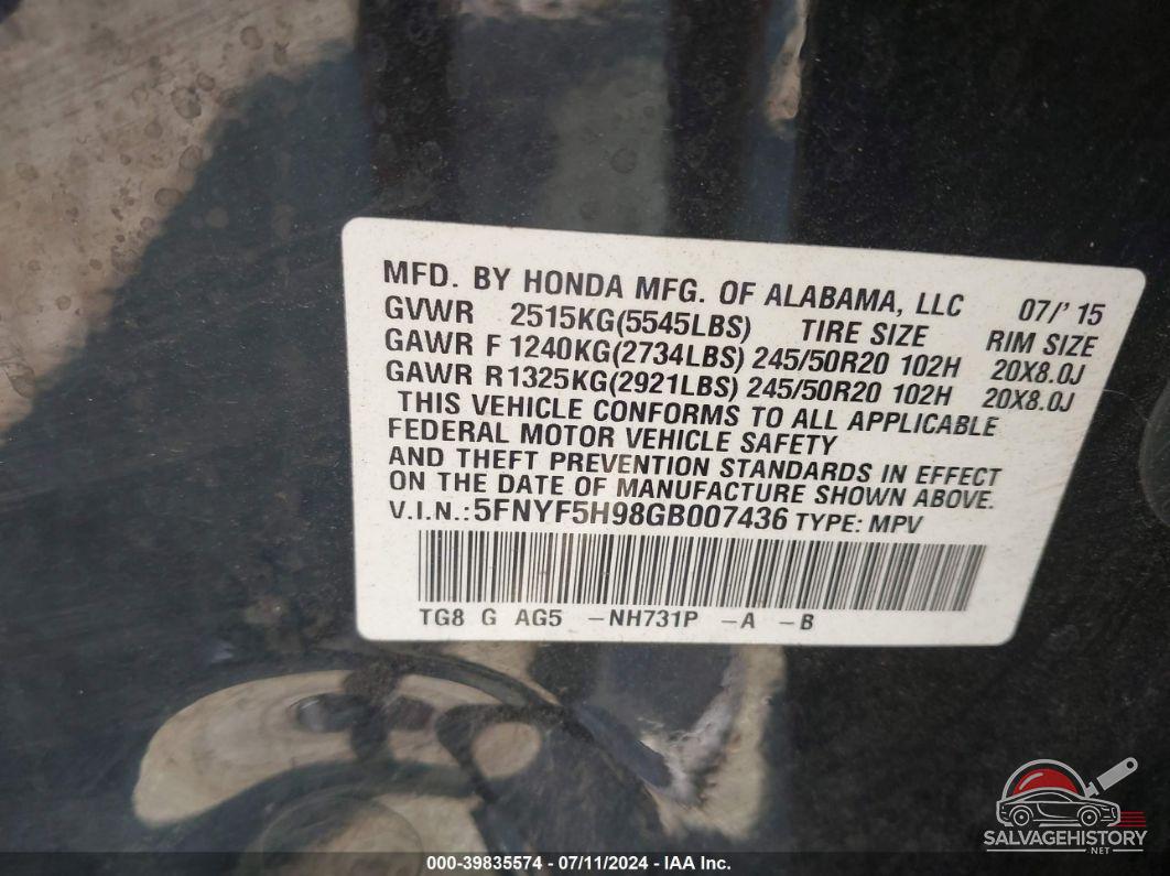 5FNYF5H98GB007436 2016 HONDA PILOT photo no. 9