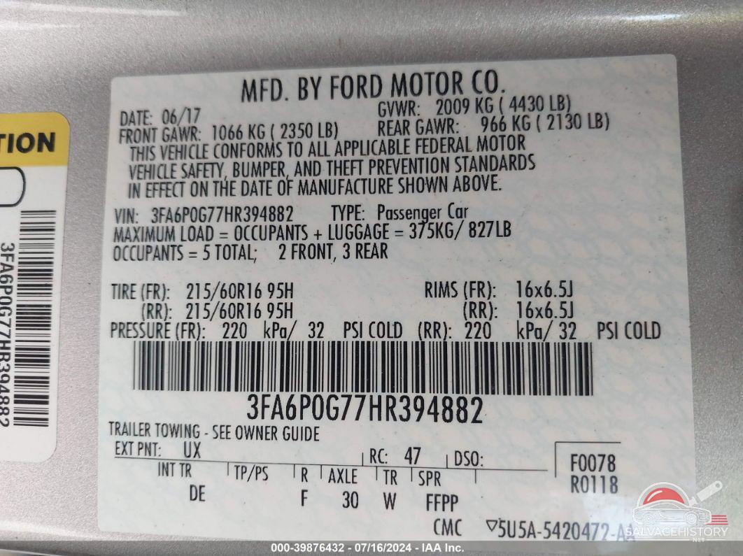 3FA6P0G77HR394882 2017 FORD FUSION photo no. 9