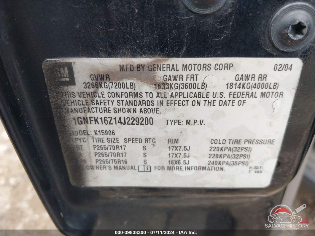 1GNFK16Z14J229200 2004 CHEVROLET SUBURBAN photo no. 9