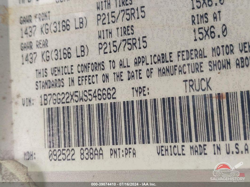 1B7GG22X5WS546662 1998 DODGE DAKOTA photo no. 9