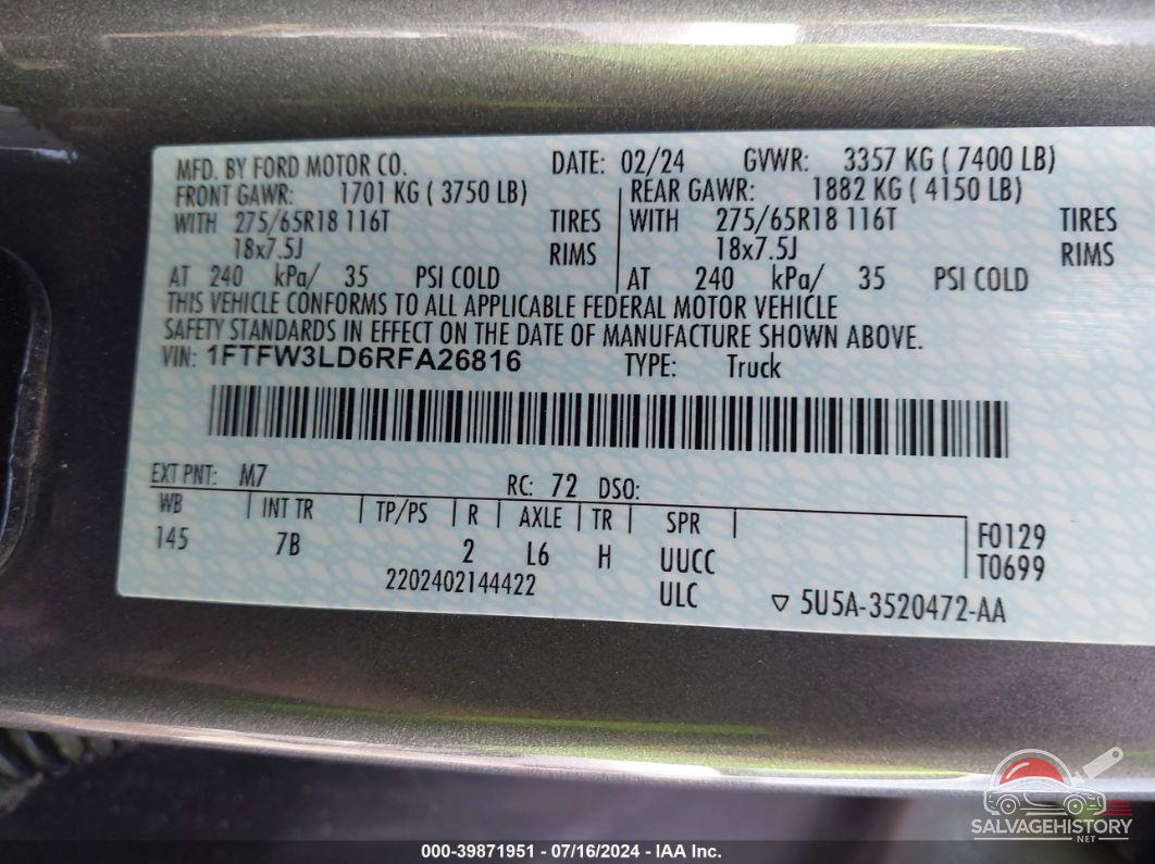 1FTFW3LD6RFA26816 2024 FORD F150 photo no. 9