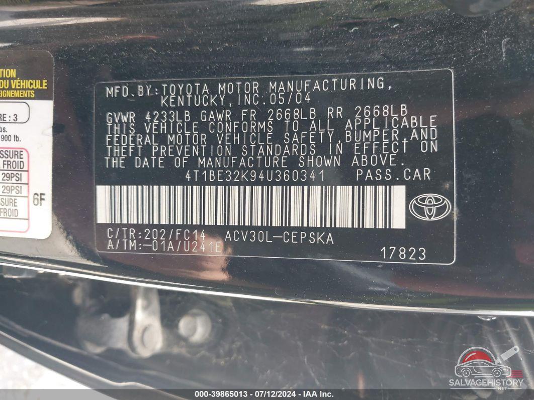 4T1BE32K94U360341 2004 TOYOTA CAMRY photo no. 9