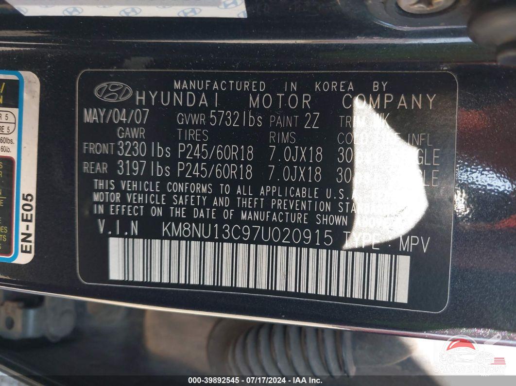 KM8NU13C97U020915 2007 HYUNDAI VERACRUZ photo no. 9