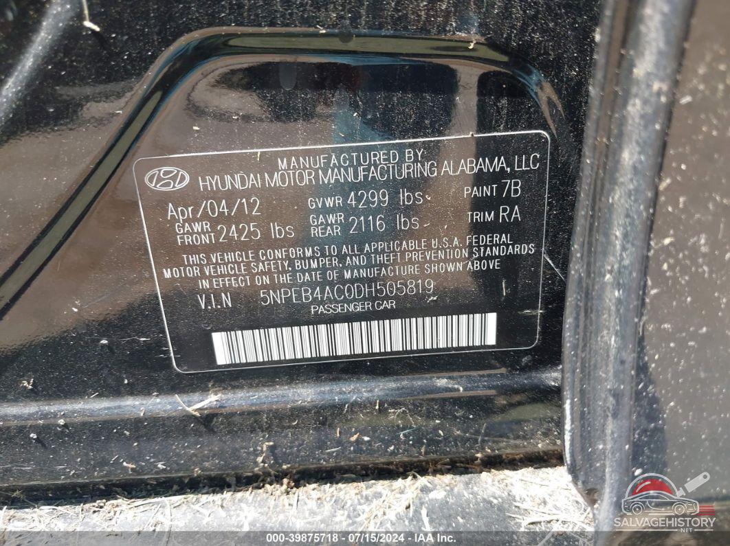 5NPEB4AC0DH505819 2013 HYUNDAI SONATA photo no. 9