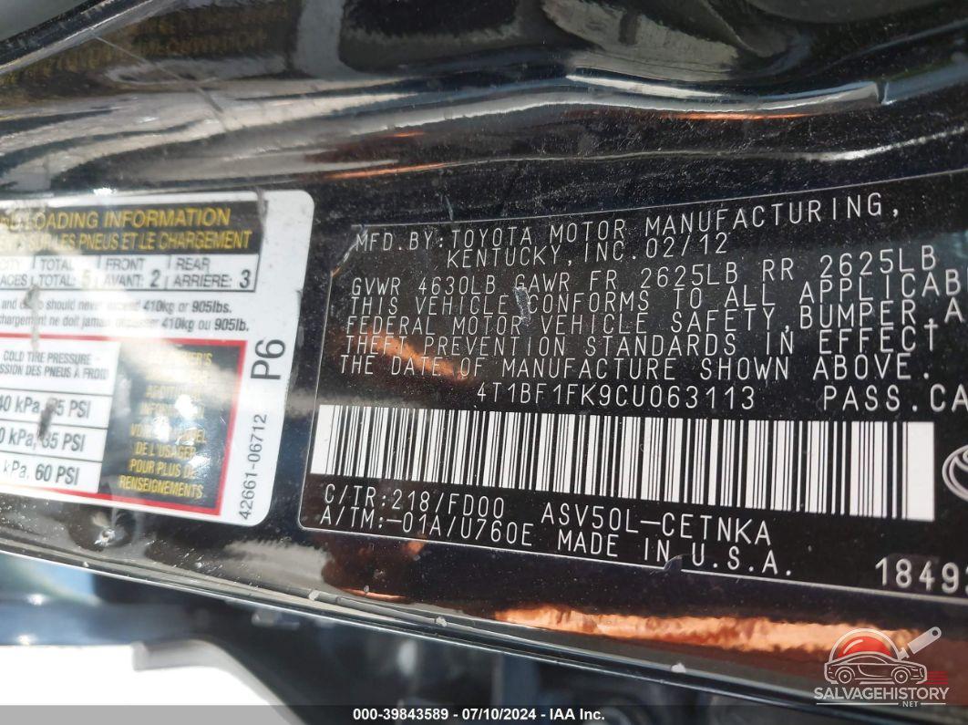 4T1BF1FK9CU063113 2012 TOYOTA CAMRY photo no. 9