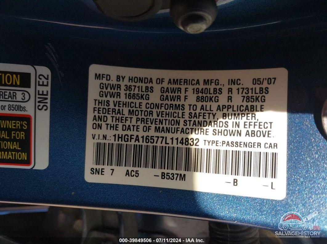 1HGFA16577L114832 2007 HONDA CIVIC photo no. 9