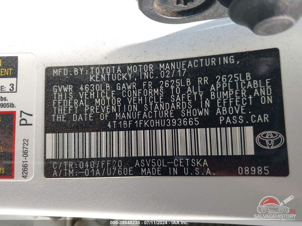 4T1BF1FK0HU393665 2017 TOYOTA CAMRY photo no. 9