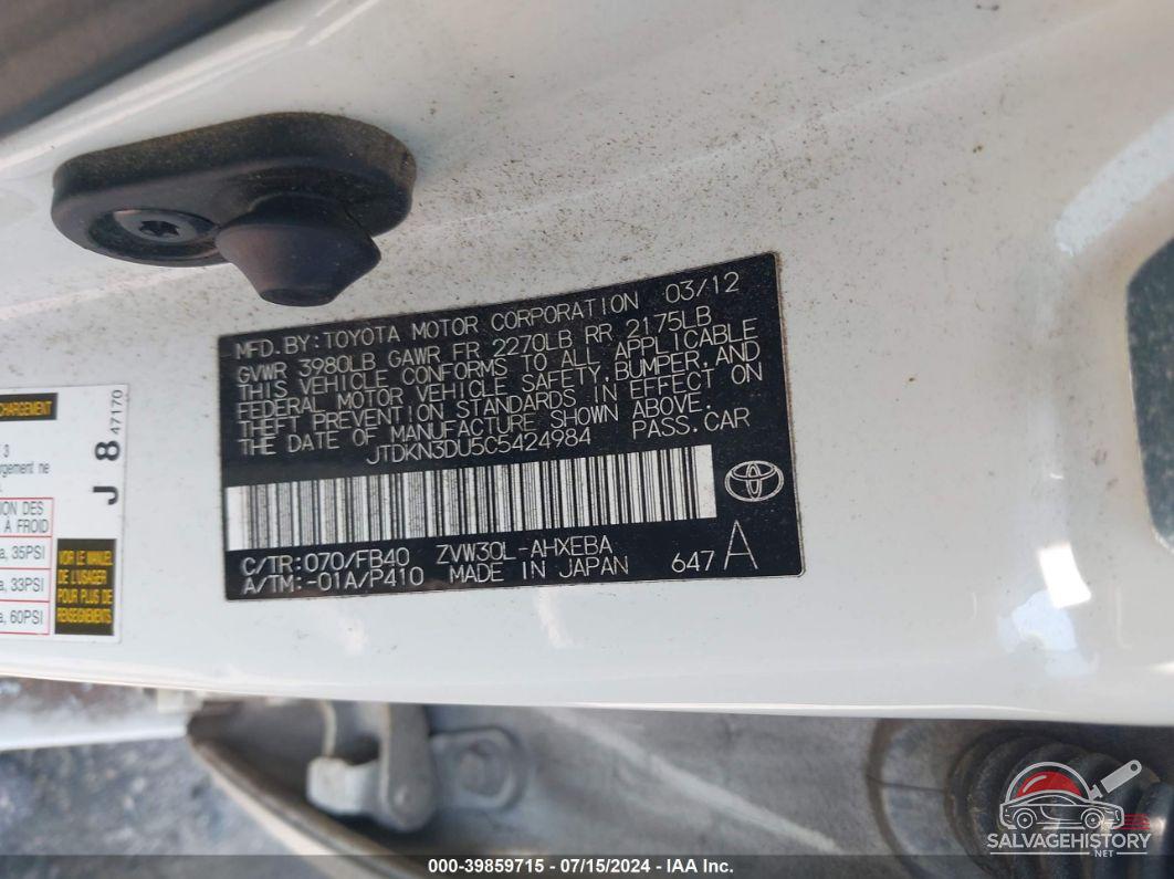 JTDKN3DU5C5424984 2012 TOYOTA PRIUS photo no. 9