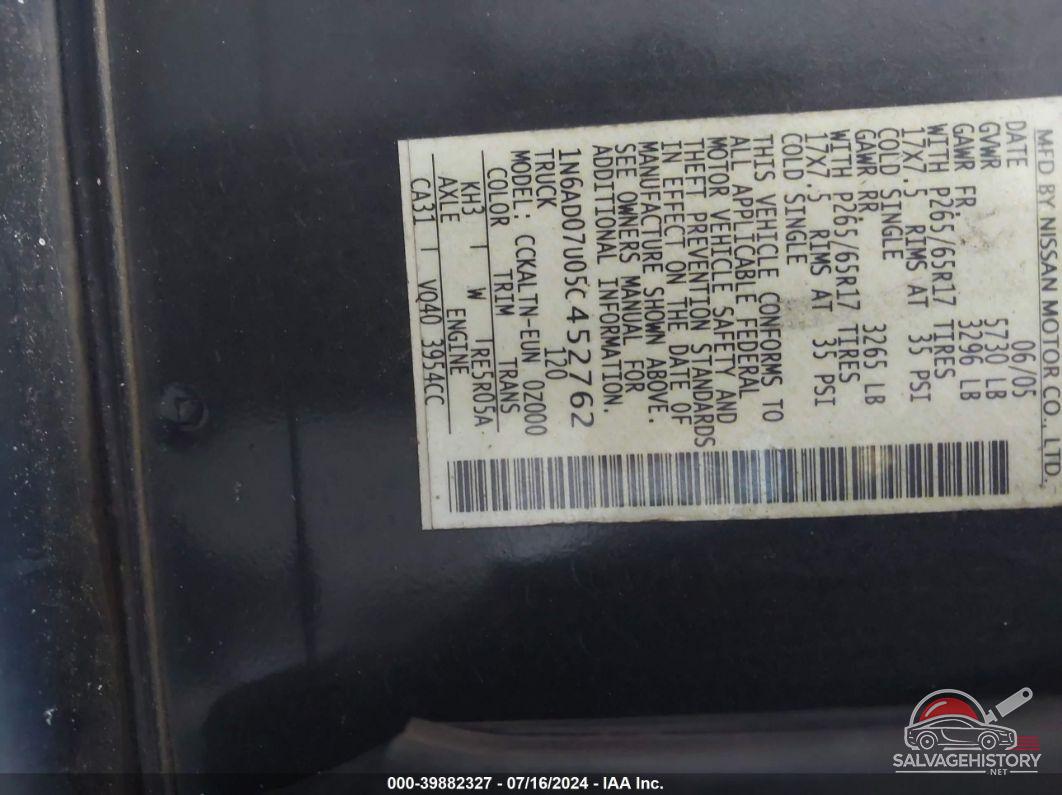1N6AD07U05C452762 2005 NISSAN FRONTIER photo no. 9