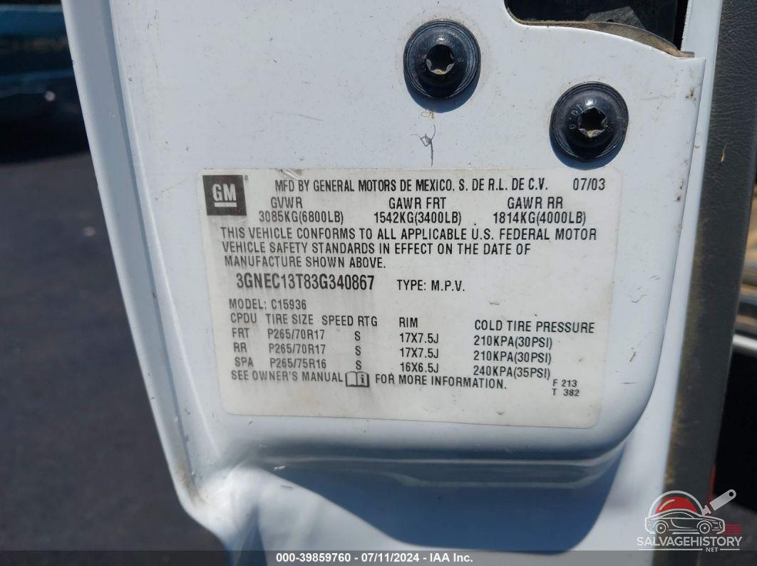 3GNEC13T83G340867 2003 CHEVROLET AVALANCHE 1500 photo no. 9