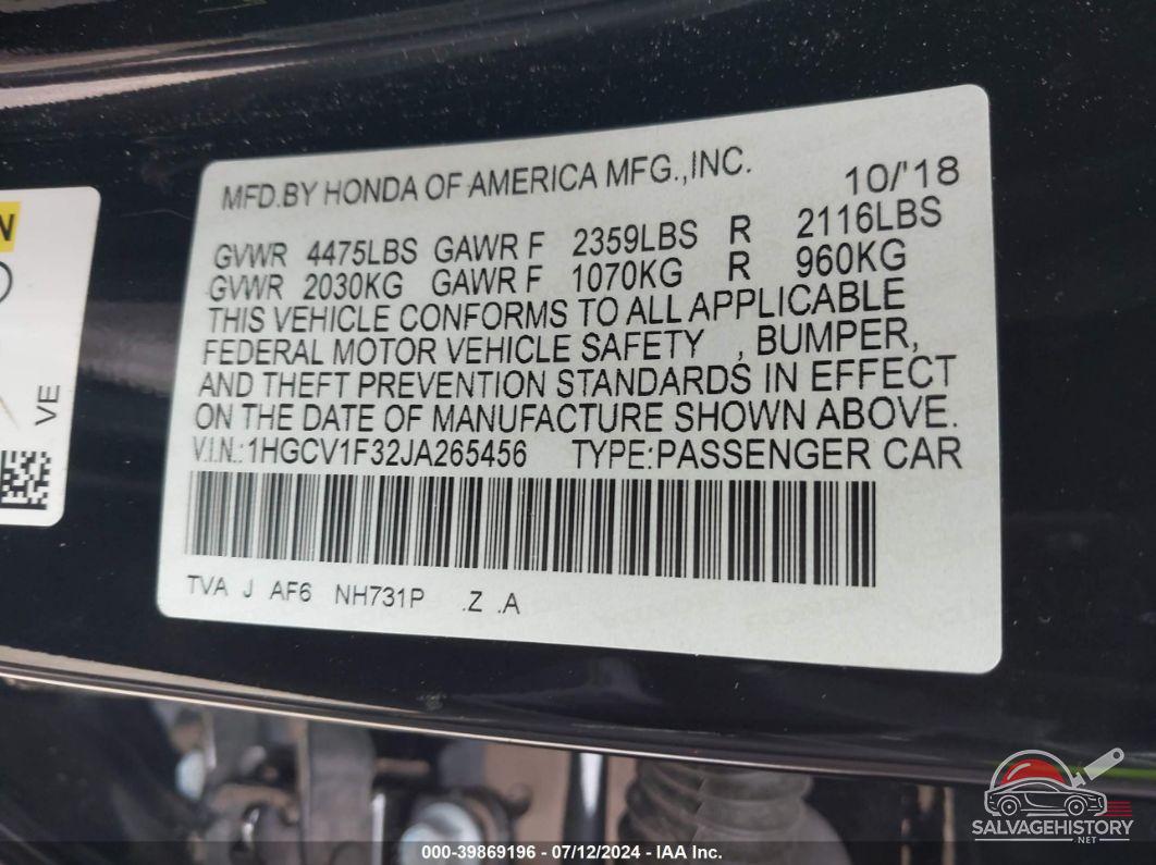 1HGCV1F32JA265456 2018 HONDA ACCORD photo no. 9