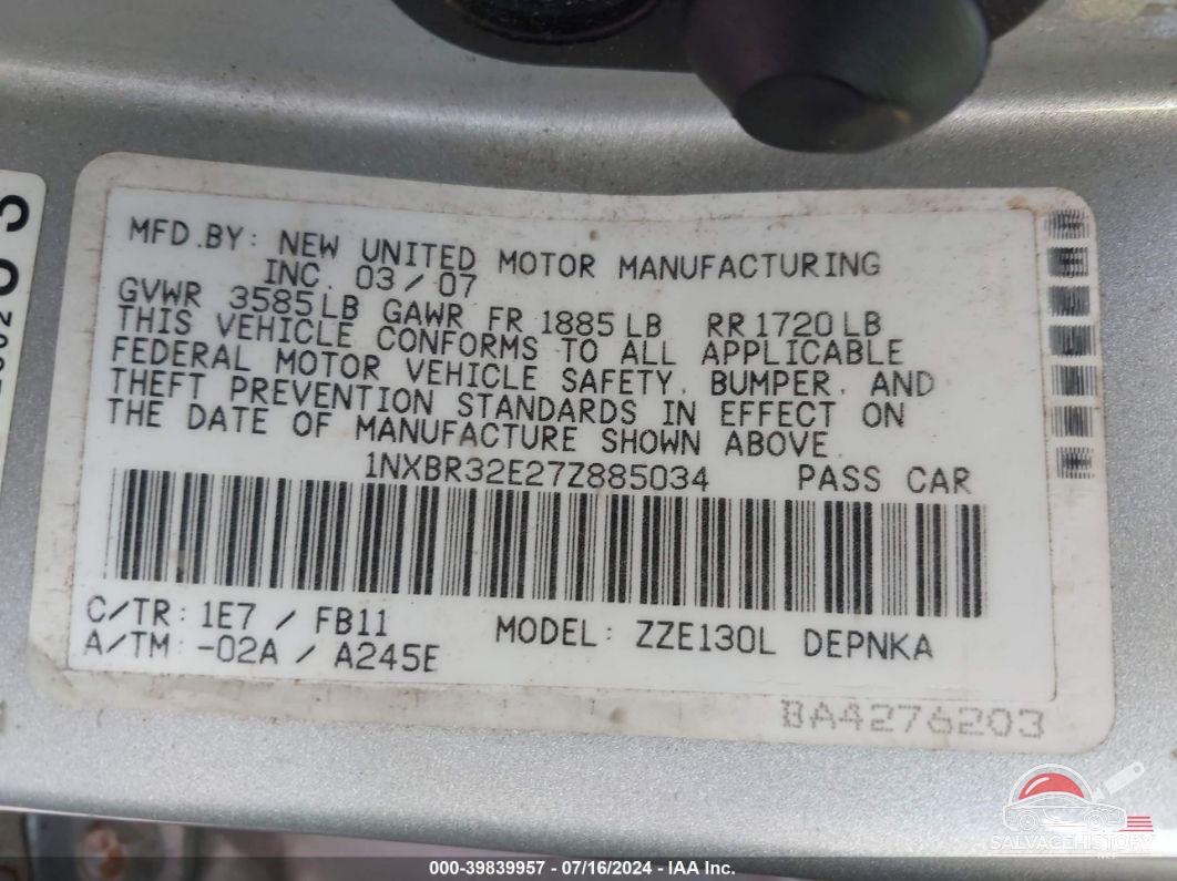 1NXBR32E27Z885034 2007 TOYOTA COROLLA photo no. 9