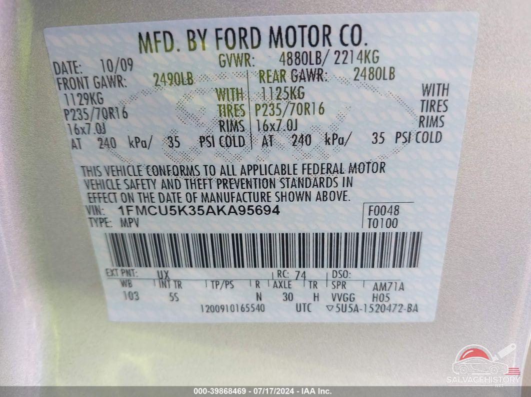 1FMCU5K35AKA95694 2010 FORD ESCAPE photo no. 9