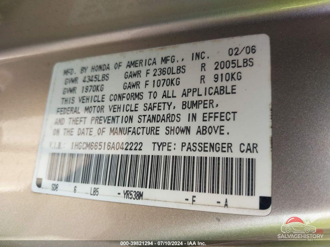 1HGCM66516A042222 2006 HONDA ACCORD photo no. 9