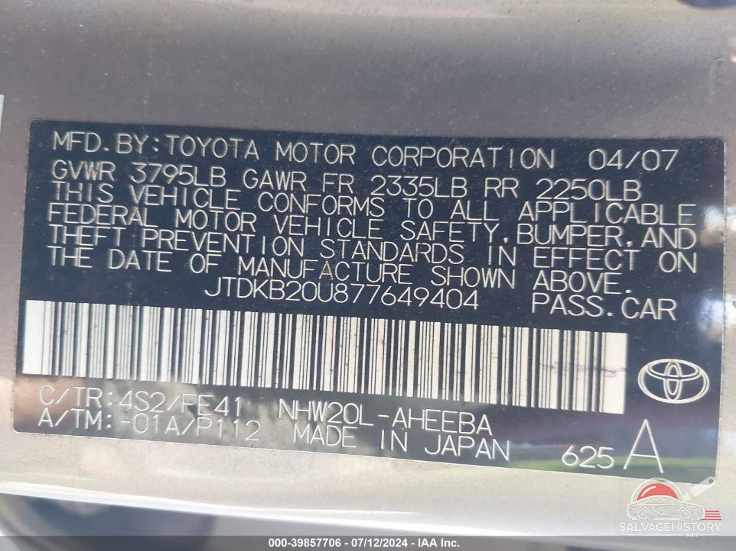 JTDKB20U877649404 2007 TOYOTA PRIUS photo no. 9