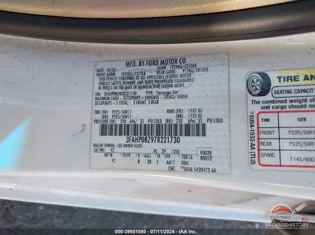 3FAHP08Z97R221730 2007 FORD FUSION photo no. 9
