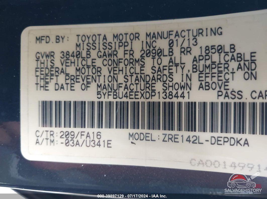 5YFBU4EEXDP138441 2013 TOYOTA COROLLA photo no. 9