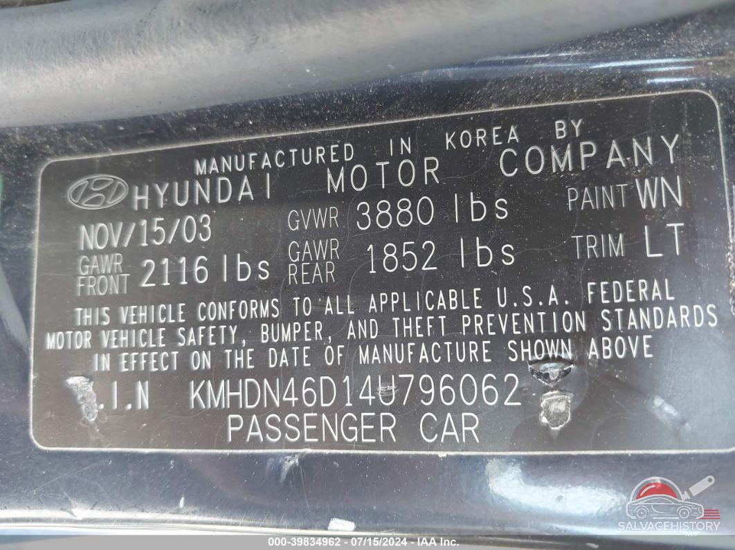 KMHDN46D14U796062 2004 HYUNDAI ELANTRA photo no. 9