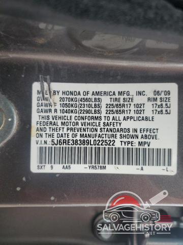 5J6RE38389L022522 2009 HONDA CRV photo no. 14