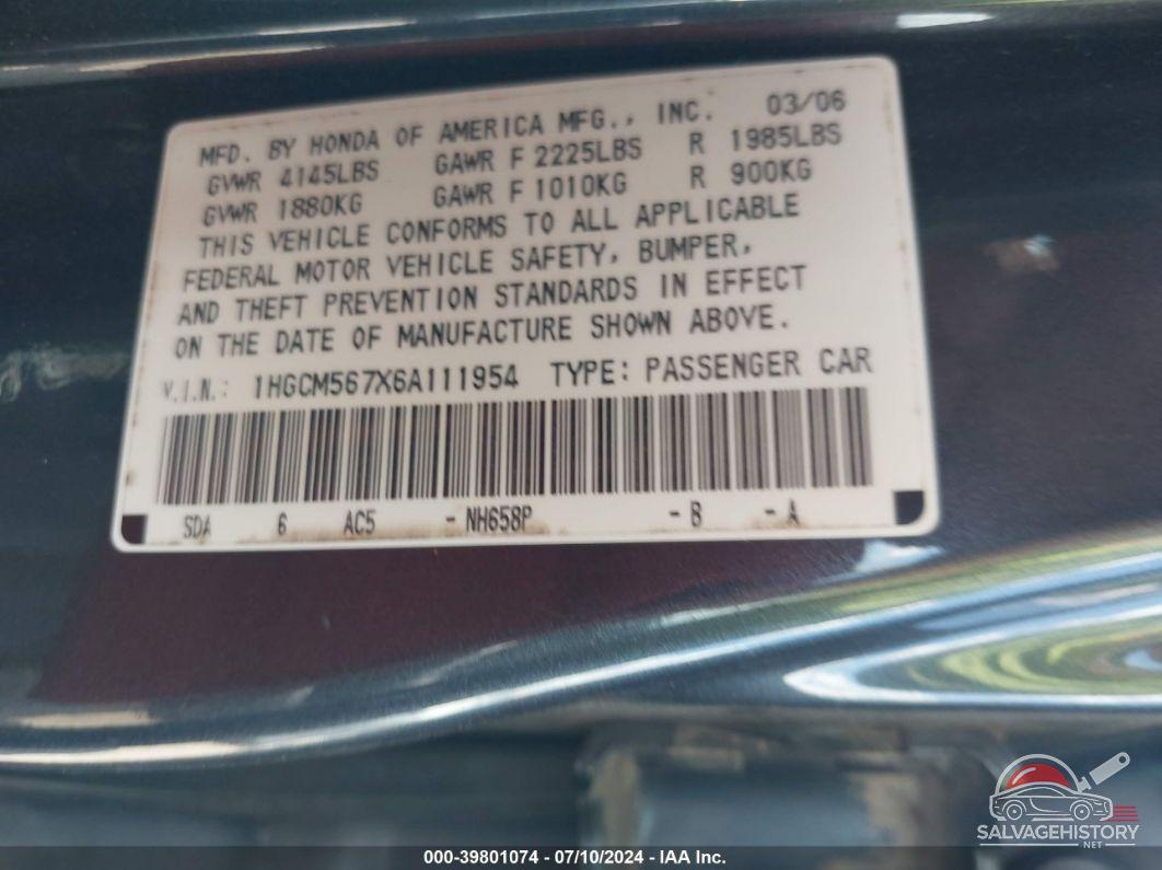 1HGCM567X6A111954 2006 HONDA ACCORD photo no. 9