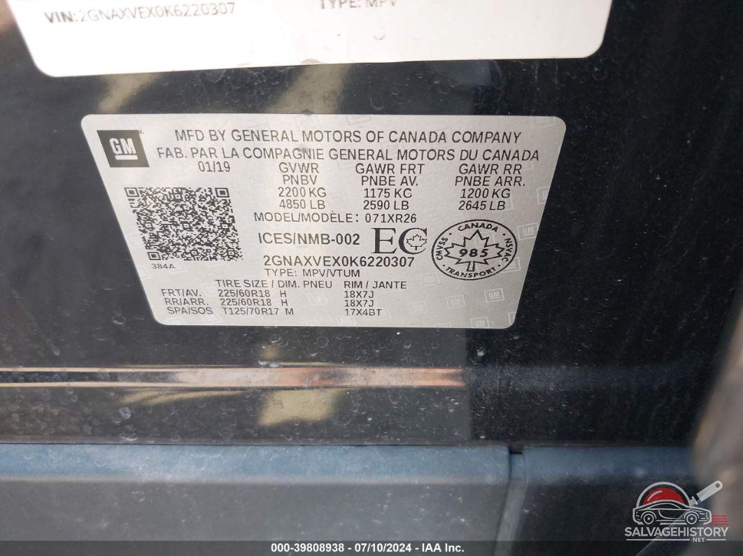 2GNAXVEX0K6220307 2019 CHEVROLET EQUINOX photo no. 9