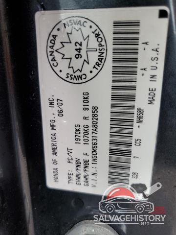 1HGCM66317A802858 2007 HONDA ACCORD photo no. 12
