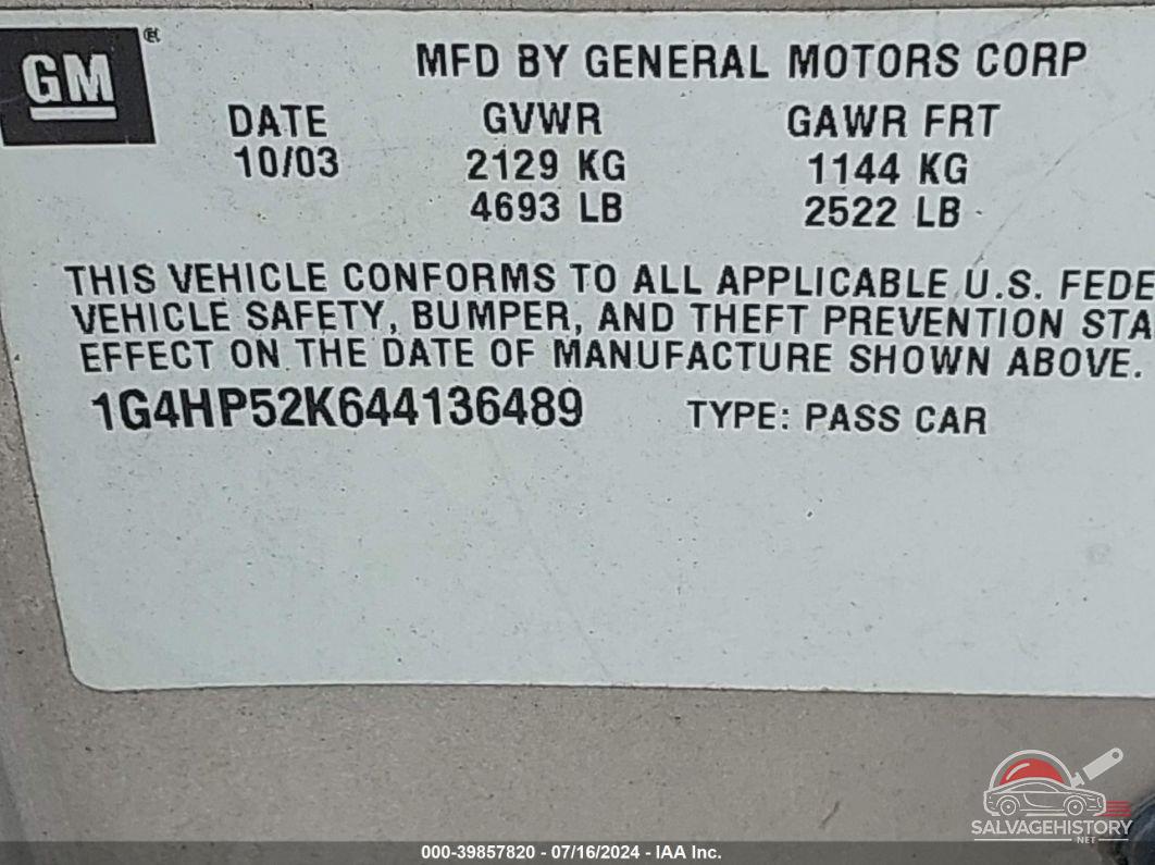 1G4HP52K644136489 2004 BUICK LESABRE photo no. 9
