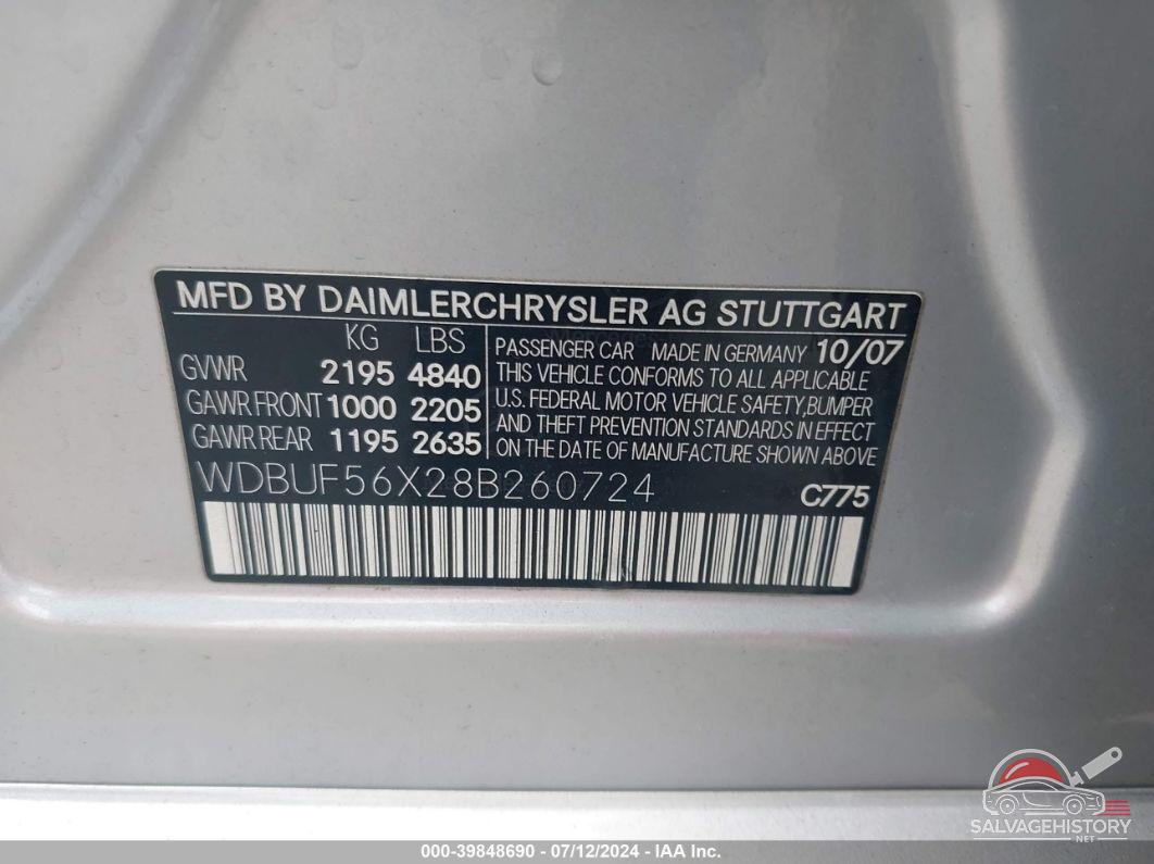 WDBUF56X28B260724 2008 MERCEDES-BENZ E 350 photo no. 9
