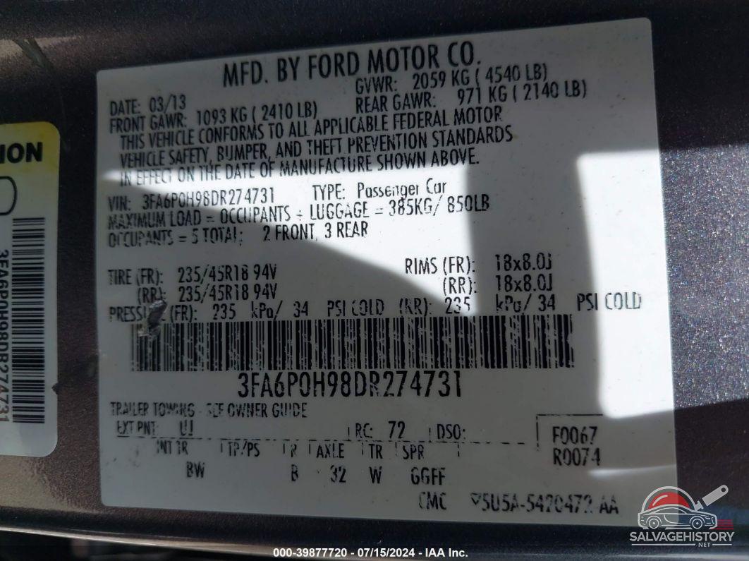 3FA6P0H98DR274731 2013 FORD FUSION photo no. 9