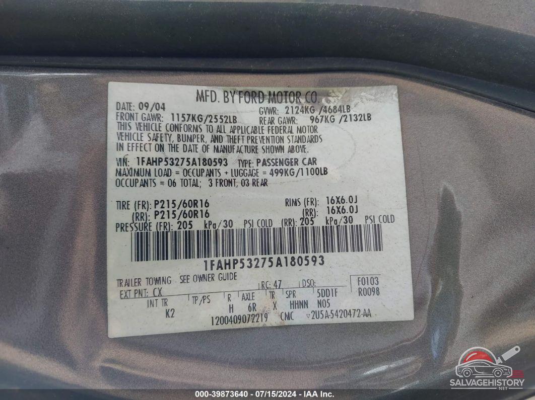 1FAHP53275A180593 2005 FORD TAURUS photo no. 9