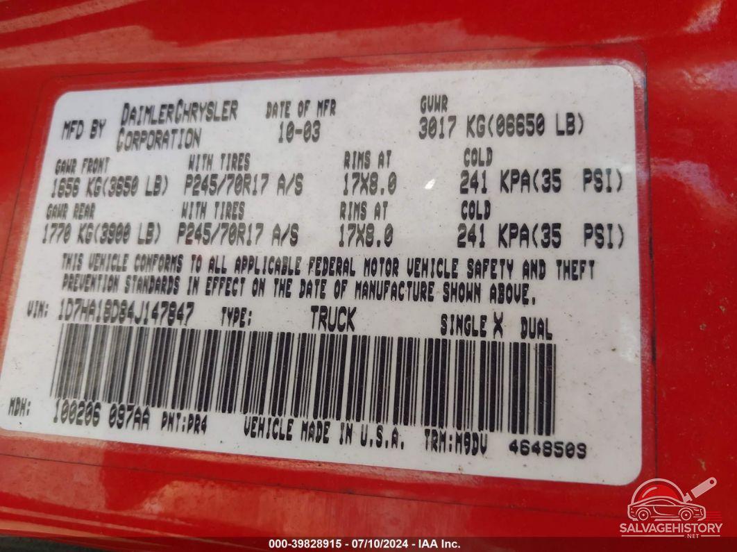 1D7HA18D84J147847 2004 DODGE RAM 1500 photo no. 9